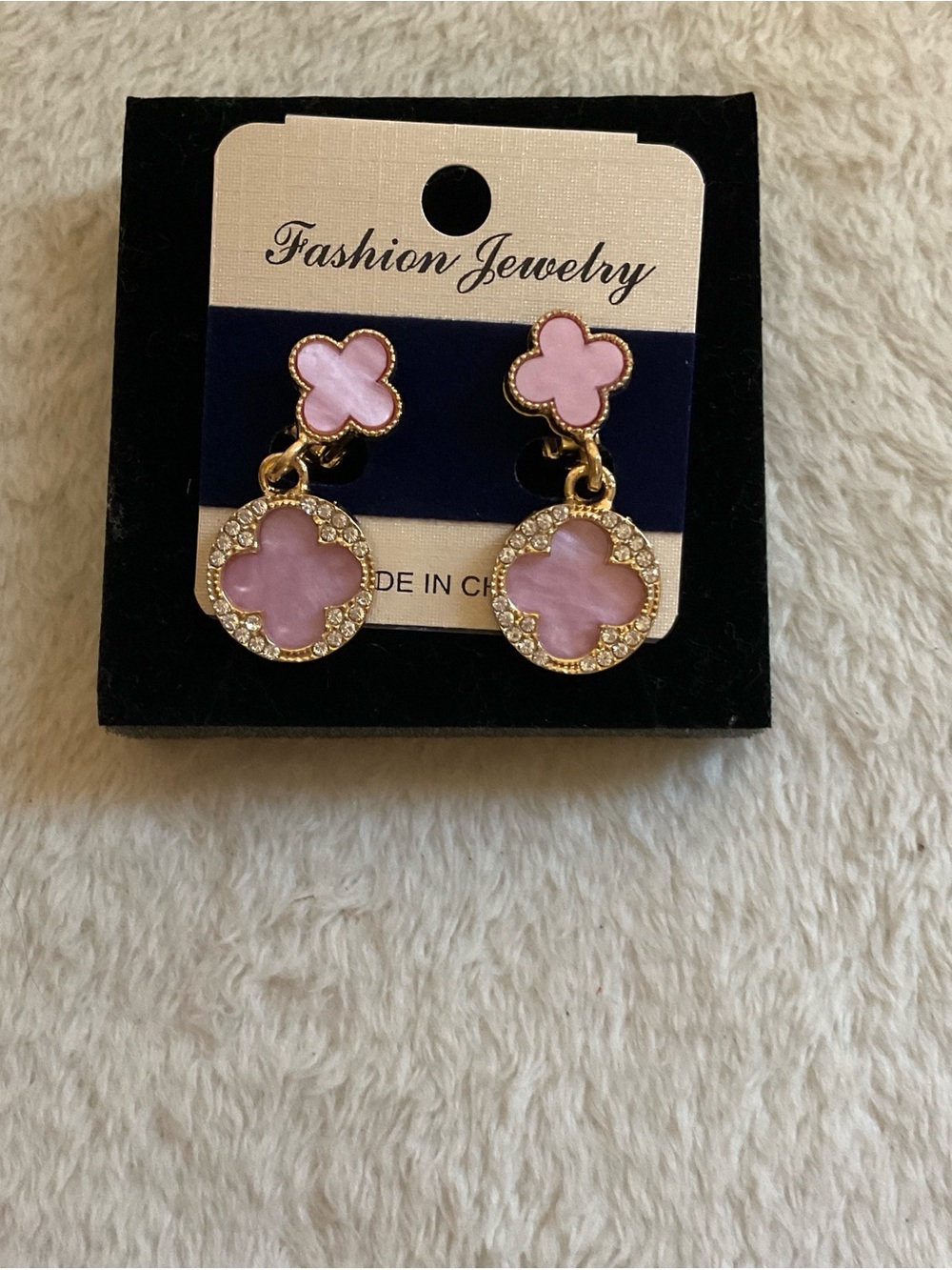 Gold-Tone Pink Clover Drop Earrings with Crystal Halo